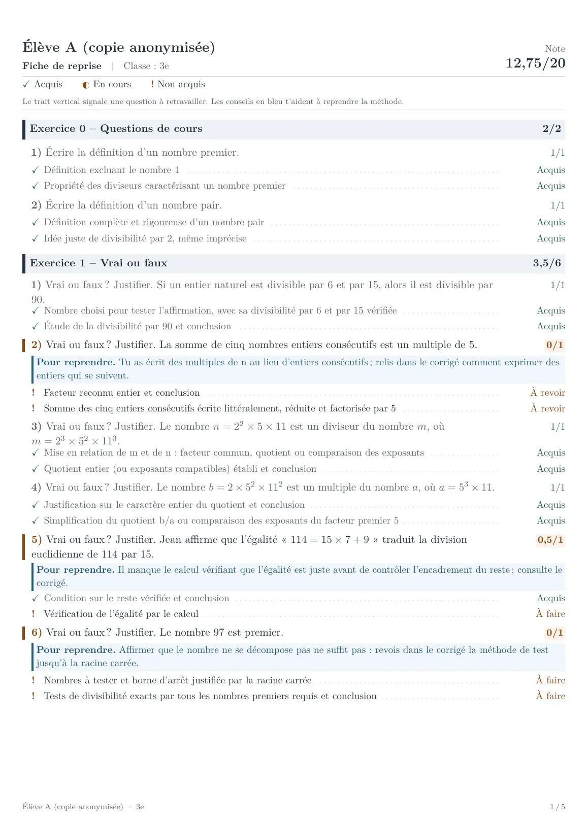 Page 1 de la fiche de reprise : questions de cours et vrai-faux, avec critères acquis ou non acquis et conseils en bleu.