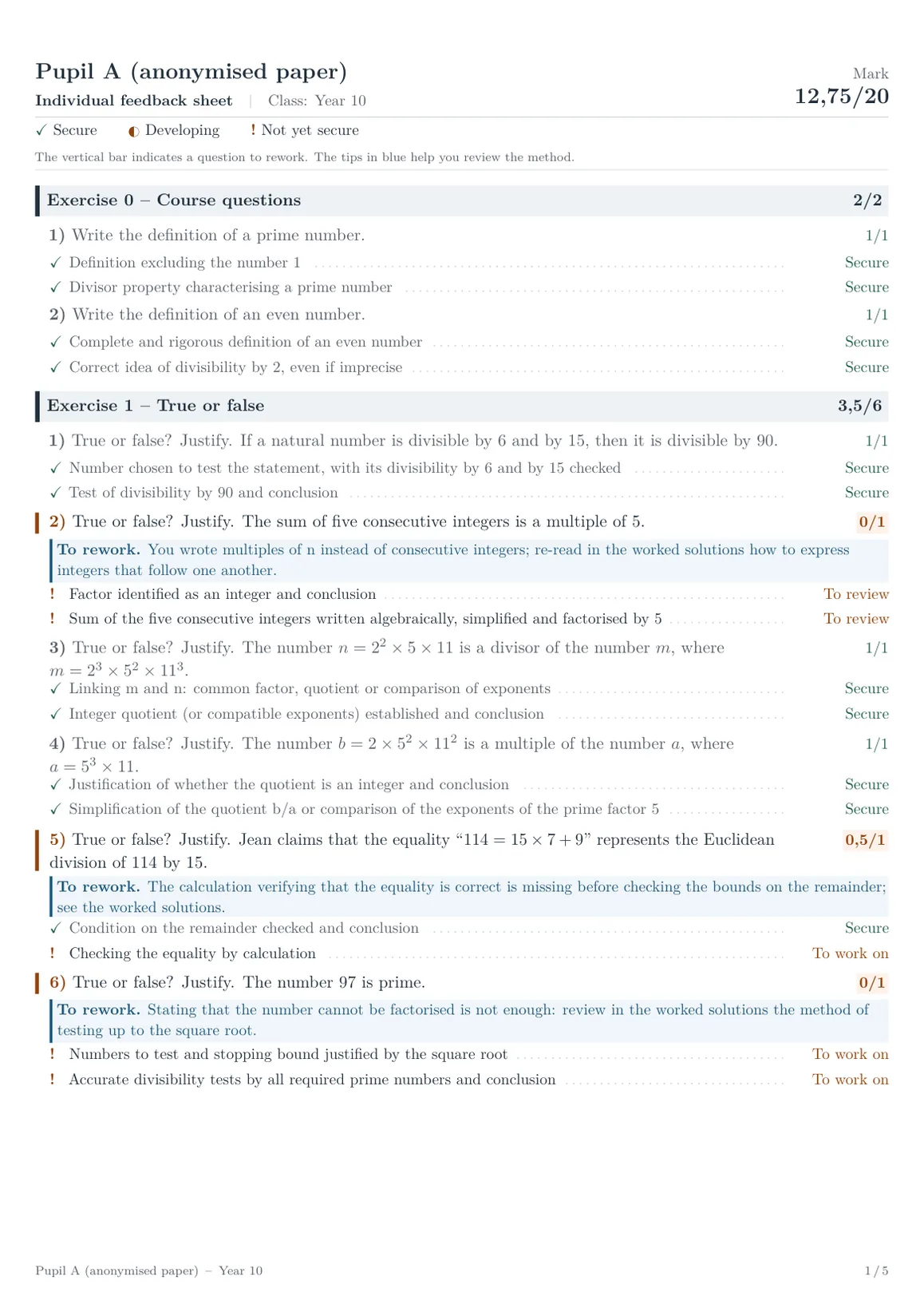 Page 1 of the individual feedback sheet: course questions and true/false items, with criteria marked secure or not yet secure and tips in blue.