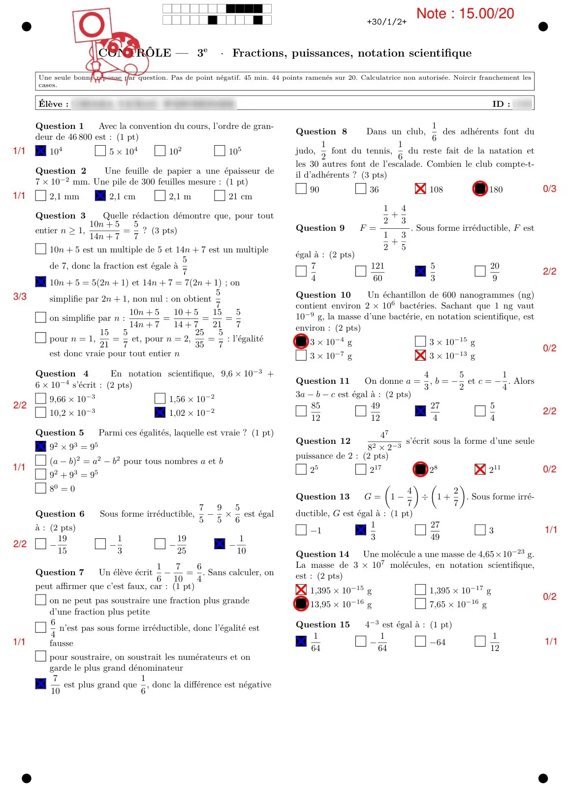 Première page d’une copie de QCM corrigée par Auto-Multiple-Choice : note 15/20, cases cochées, bonnes réponses et points de chaque question dans la marge.