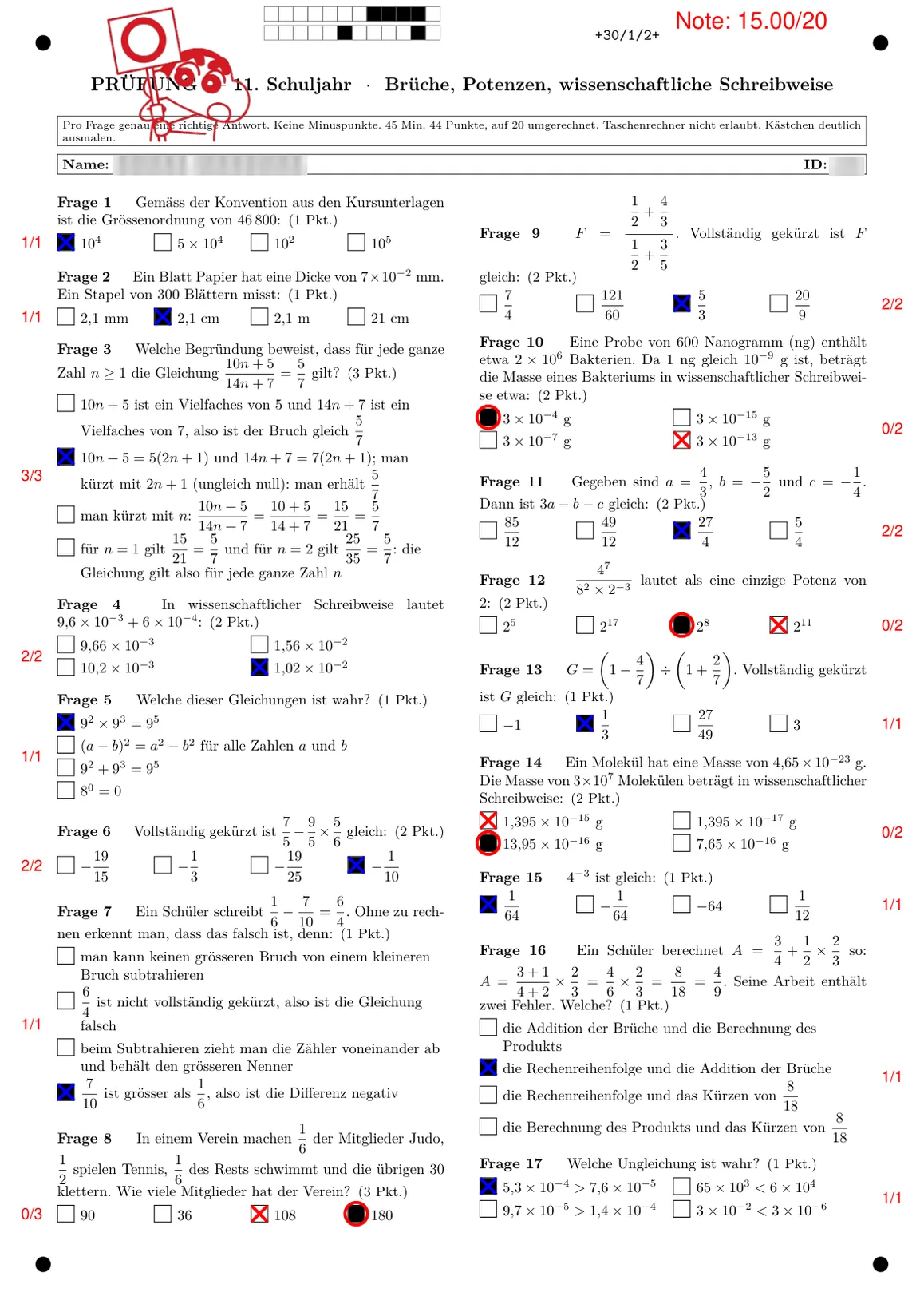 Erste Seite eines mit Auto-Multiple-Choice korrigierten Multiple-Choice-Tests: Note 15/20, angekreuzte Felder, richtige Antworten und Punktzahl jeder Frage am Rand.