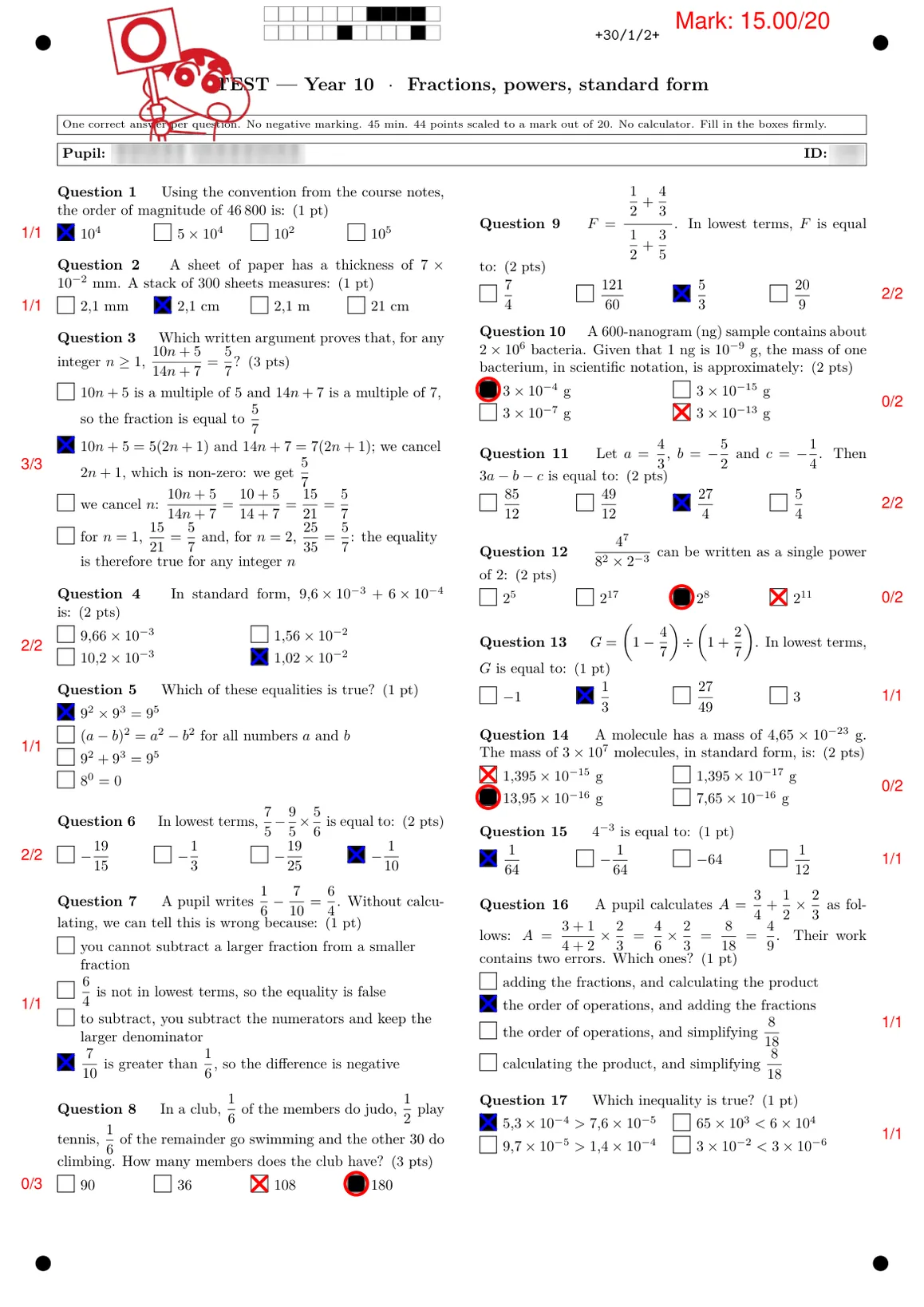 First page of a multiple-choice test script marked by Auto-Multiple-Choice: mark of 15/20, ticked boxes, correct answers and marks for each question in the margin.